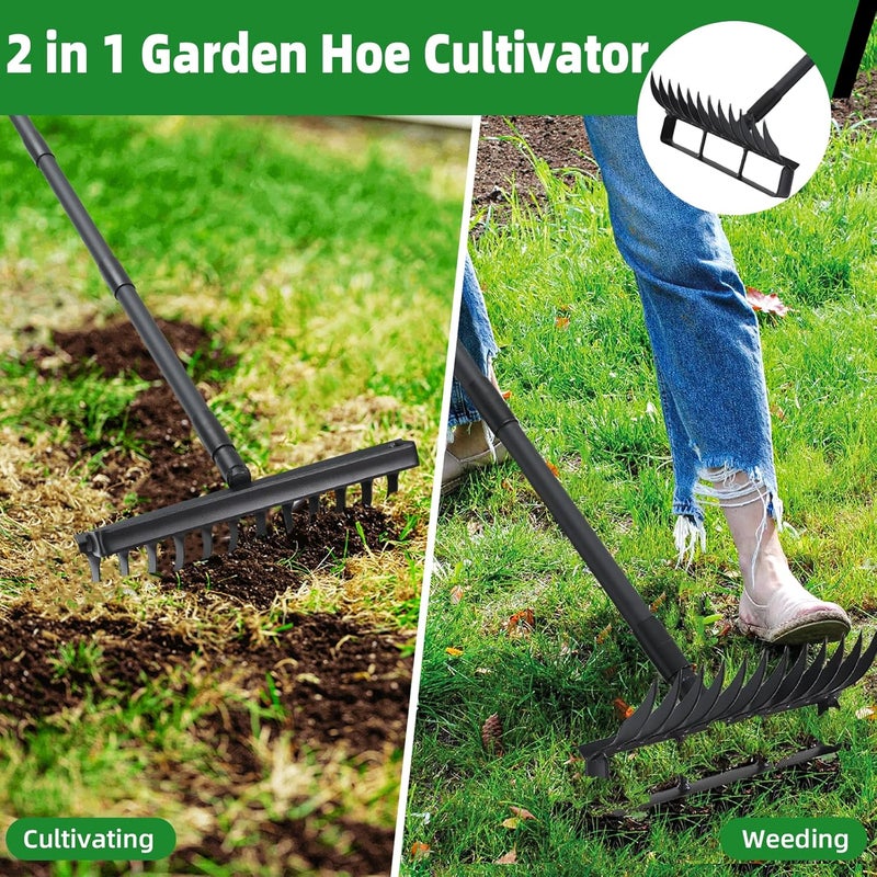 Pragmatist 76.8" Garden Hoe and 12 Tines Rake 2-in-1 Garden Tool for Weeding, Garden Cultivator with Adjustable Long Handle Heavy Duty Weed Puller Stirrup Hoe for Ditching, Seeding, Loosening Soil - Image 3
